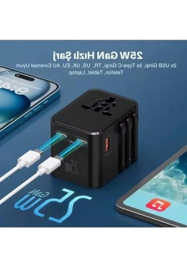 25w Gan Hızlı Şarjlı Universal Seyahat Adaptörü, 2x Usb-c + 1x Usb-a