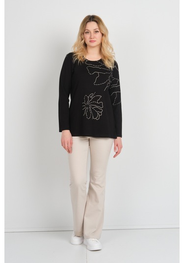 Detay Triko Kadın Boncuk İşlemeli Desenli Uzun Kol Anne Bluz 5737 Siyah Siyah
