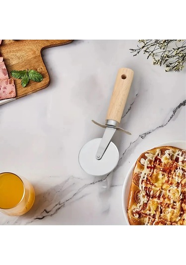 Mybru Paslanmaz Çelik Ahşap Saplı Pizza Ve Hamur Kesici Büyük Boy Çok Renkli