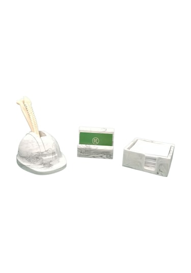 3 Parça Mermer Desenli Beton Ofis Seti Baret Şeklinde Kalemlik Kartlık Notluk Gri