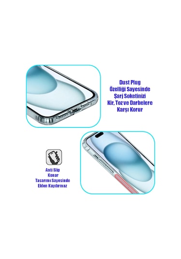 Apple Uyumlu iPhone 15 Pro Şeffaf Kılıf Kamera Korumalı Şarj Soket Tıpalı