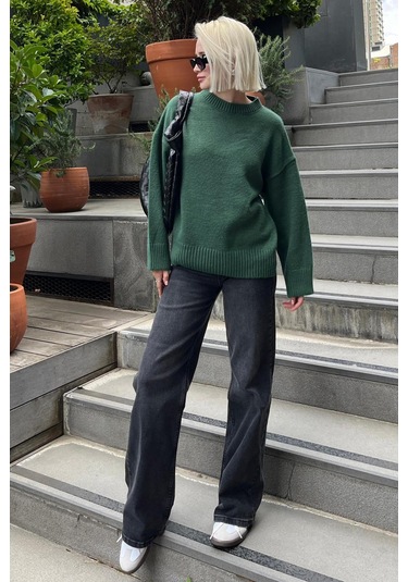 Madmext Madmext Bisiklet Yaka Oversize Triko Kazak MG1972 Yeşil