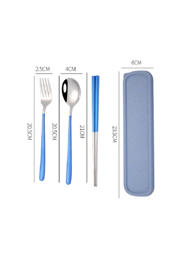 Sones 3 Adet / Set Taşınabilir Paslanmaz Çelik Sofra Takımı Yaratıcı Set Çubuk Kaşık Çatal Hediye, Renk: Mavi
