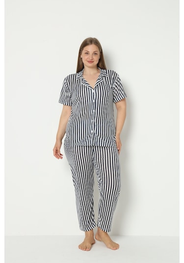 Fames Pijama Yazlik Düğmeli Büyük Beden Ev Giyim Lacivert
