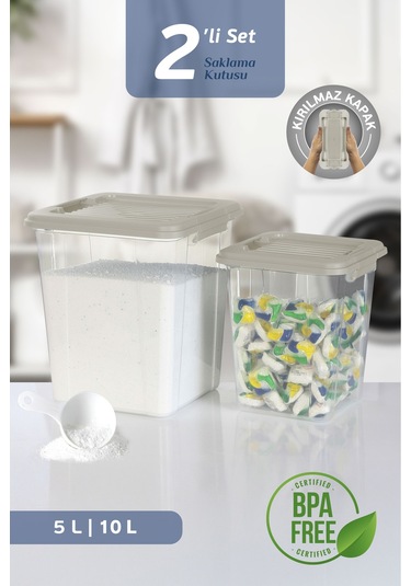 2'li Set 5-10l Kilit Kapak Saklama Kutusu Deterjanlık - Un Bakliyat Erzak Saklama Kabı Organizer Box Bej