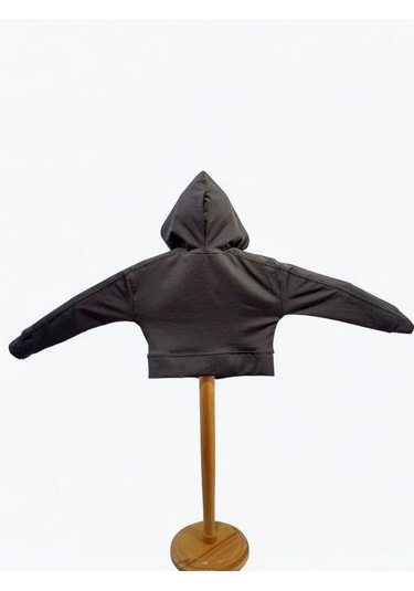 Kız Çocuk Pamuklu Crop Fermuarlı Kapuşonlu Hırka-15454 Füme