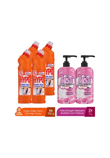 Hypo Gider Açıcı Çamaşır Suyu Çam Tazeliği 750 Gr X 4 + Miss Bulaşık Deterjanı Bubble 1 L X2 6'lı Set