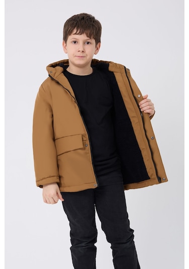 Erkek Çocuk Taba Içi Kürklü Su Ve Rüzgar Geçirmez Kapüşonlu 3 Cep Kışlık Mont & Kaban & Parka Taba