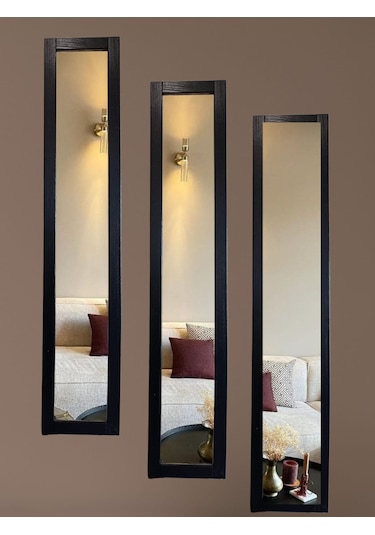 Siyah Ahşap Çerçeve Dekor Ayna 3lu Duvar Dekor Aynalar Siyah