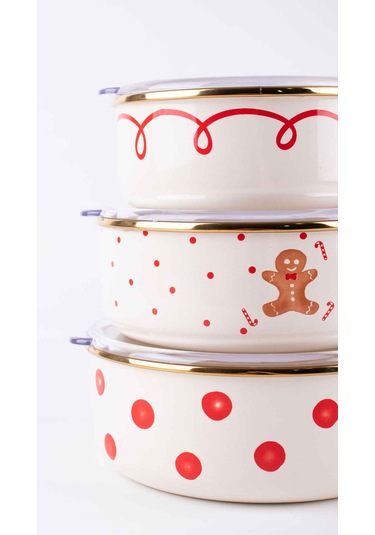 Merry Yılbaşı Özel Emaye Üçlü Saklama Kabı Seti Krem