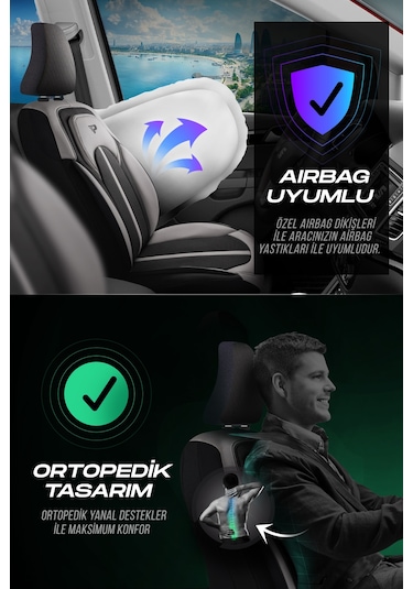 Siyah - Gri Garni Panda Sevılla Serısı Keten Kumaş Oto Koltuk Kılıfı - Tam Set