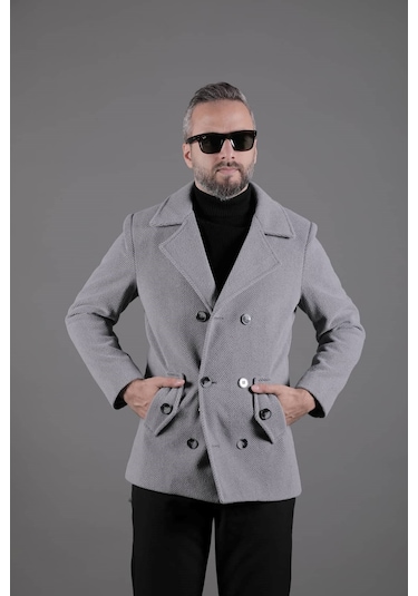 Ohepmoda Desenli Kruvaze Erkek Kaşe Kaban Koyu Gri