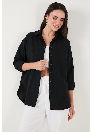 Lela Regular Fit Uzun Kollu Dokulu Bayan Gömlek 6772799 Siyah