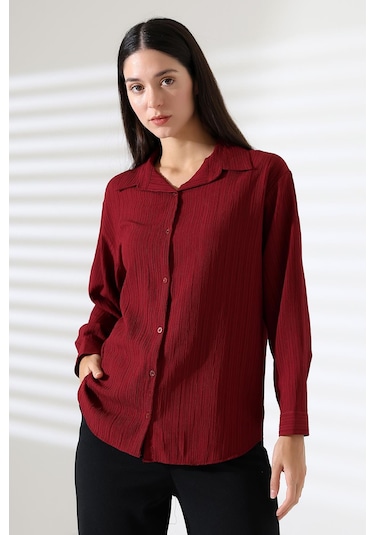 Ribana Regular Fit Uzun Kollu Durres Dokulu Kadın Gömlek Bordo Ribana Regular Fit Uzun Kollu Durres Dokulu Kadın Gömlek Bordo