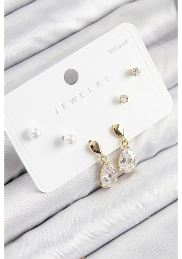 Pirinç Zirkon Taşlı Sallantılı Damla Model Gold Renk 925 Ayar Gümüş Çivi Kadın Küpe Set - Tj-bkp1117 Çok Renkli