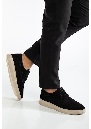 Hakiki Deri Süet Erkek Günlük Aykkabı Siyah Bağlı Bej Taban-3776 Siyah