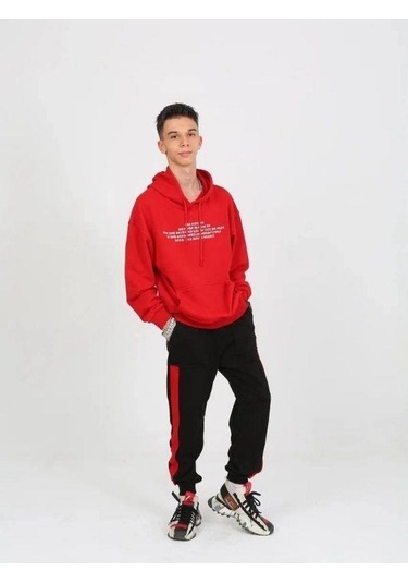 Erkek Çocuk Yazılı Kapüşonlu Sweatshirt-15238 Kırmızı