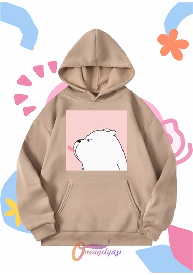 Çocuk Unisex Dil Çıkaran Köpek Baskılı Oversize Kapüşönlü Sweatshirt Bej