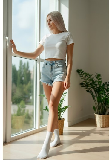 Bravie Kadın Lastiksiz Roll Top Rahat Soket Çorap 6'lı Paket 578 Beyaz Beyaz