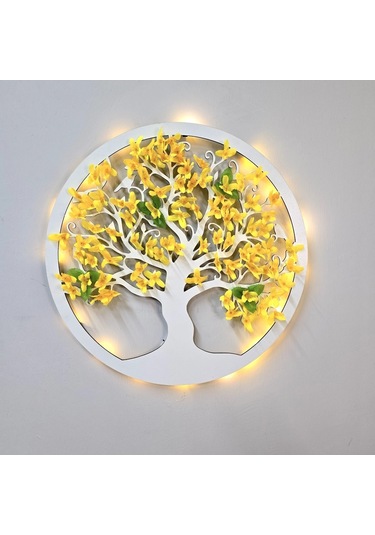 Led Işıklı Ve Sarı Sakura Hayat Ağacı Tablo 40cm - Beyaz