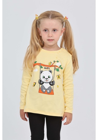 Toontoy Kız Çocuk Sallanan Panda Baskılı Sweatshirt Açık Sarı