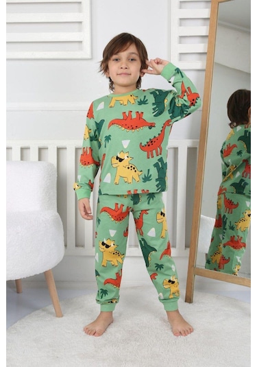 Erkek Çocuk Dino Desenli Uzun Kollu Pijama Takımı-910 Yeşil