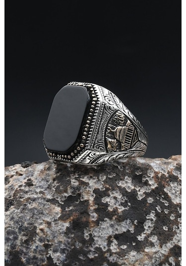 Mescidi Aksa Modelı Ve Allah Ve Muhammed Yazlı Oniks Taşlı 925 Ayar Gümüş Erkek Yüzük 902365 Gümüş