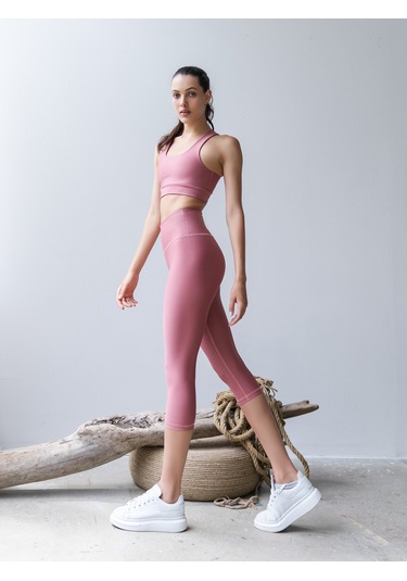 Toparlayıcı Spor Kapri Tayt Gül Rengi Koyu
