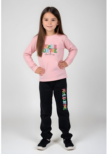 Fyk Kids Kız Çocuk Yazı Baskılı Bel Detayı Lastikli Alt-üst Pijama Takımı Pembe