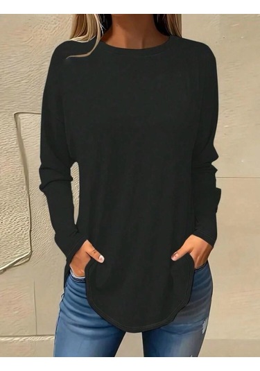 Reka Moda Kadın Uzun Kollu Yuvarlak Yaka Salaş Iki Iplik Bluz Siyah
