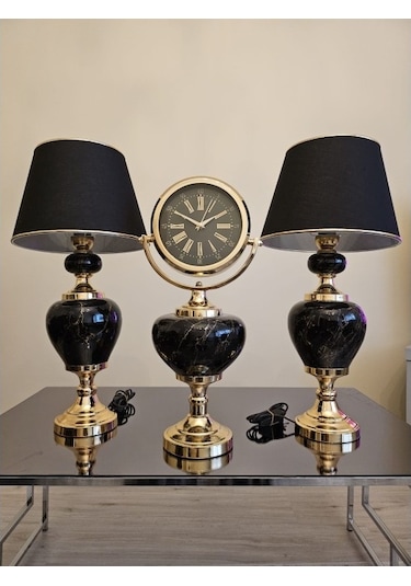 Gold Metal Detaylı Siyah Abajur Ve Saat Set Diğer