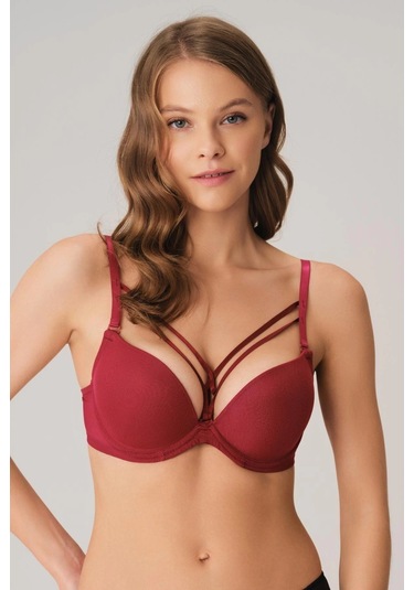 Balenli Destekli Dolgulu Askıları Çıkabilen Yaka Detaylı T-shirt Sütyeni Vişne