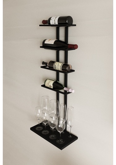 Aju Şaraplık Ve Kadeh Rafı Duvara Monte Şarap Mahseni Modern Duvar Alkol Rafı Metal Ve Ahşap Tasarım Siyah