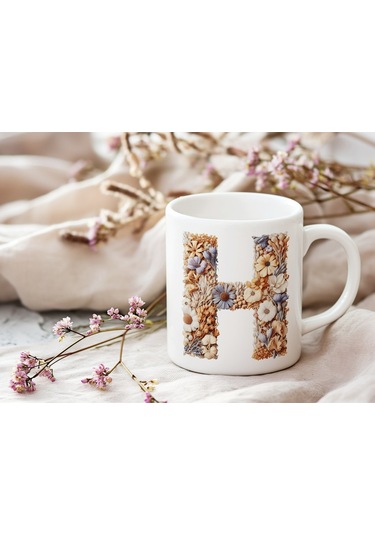 H Harfi Çiçek Desenli Kupa Bardak - Alfabe Harfleri İle Doğal Çiçekli Kupa - Hediye Fikir Beyaz