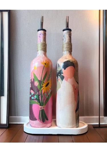 Yerli Kadın Ve Pembe Çiçek Motifli Özel Tasarım Yağdanlık-sirkelik Sosluk Seti Ev-mutfak Dekoru Çok Renkli