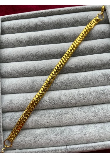 Gold Yassı Tırtıl Birbirine Geçmeli Model Erkek Künye Bileklik Altın