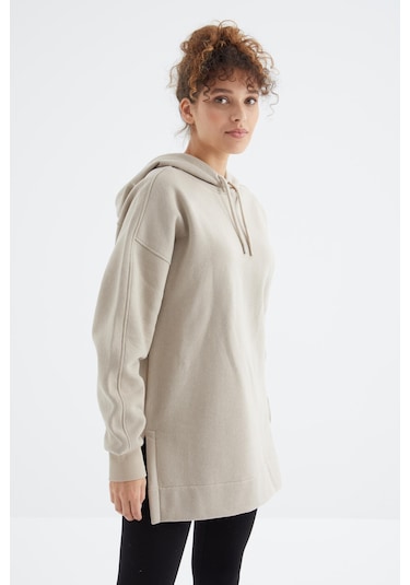 Tommy Life Koyu Bej Reglan Kol Basic Kapüşonlu Oversize Sweatshirt Tunik - 97242 Koyu Bej