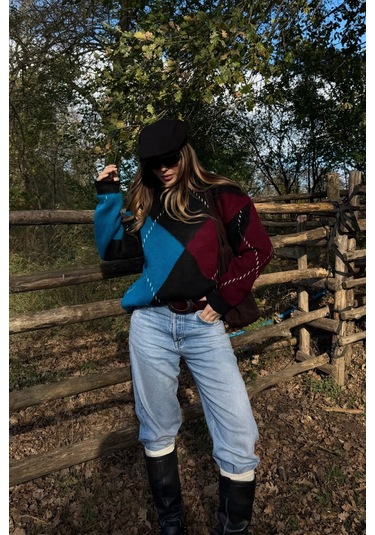 Mavi - Bordo Baklavalı Kazak - 7183 Mavi - Bordo