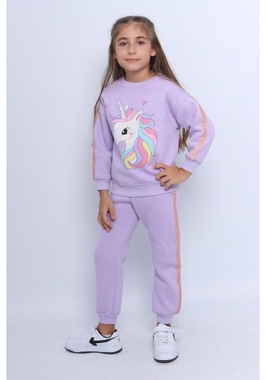 Kız Çocuk 3 İplik Eşofman Takımı Unicorn Baskılı Şeritli C25 LİLA