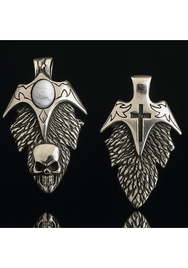 Turkuaz Taşlı Paslanmaz Çelik Gotik Kafatası Ve Haç Kolye Gümüş