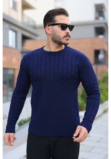 Erkek Örgü Desen Bisiklet Yaka Kazak Lacivert