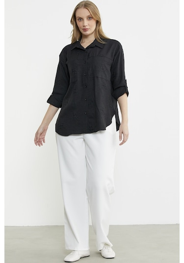 Çiçek Nakış Detaylı Cepli Gömlek - Siyah Siyah