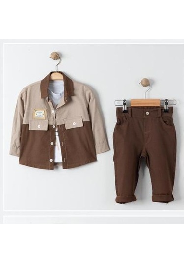 Cepli Gömlek , Pantolon , T-shirt 3parça Erkek Bebek Takım Mnk31103 Kahverengi