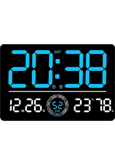 6667 Led Dijital Duvar Saati Oturma Odası Modern Minimalist Elektronik Saat Sıcaklık/nem Göstergeli - Mavi Mavi