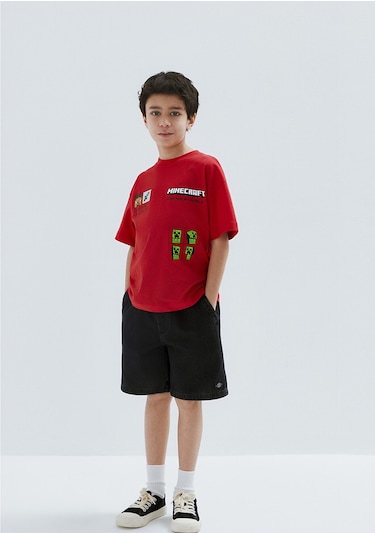 Mavi - Minecraft Baskılı Kırmızı Tişört 6610478-70478