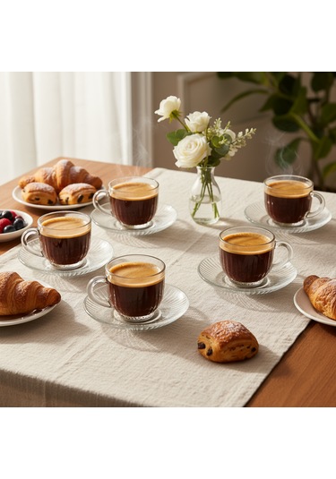 Lüks Desenli Cam Espresso / Türk Kahvesi Fincanı Seti 6 Lı Beyaz