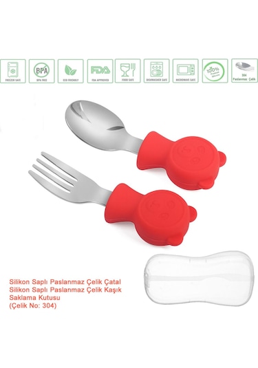Jojobebek Ergonomik Kısa Saplı Silikon Paslanmaz Çelik Uçlu Saklama Kutulu Kaşık Çatal Seti - Kırmızı - 9 - 24 Ay Kırmızı