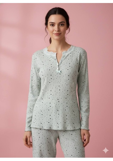 Dantel Yaka Detaylı Pamuklu Penye Kumaş Pijama Takımı Açık Yeşil