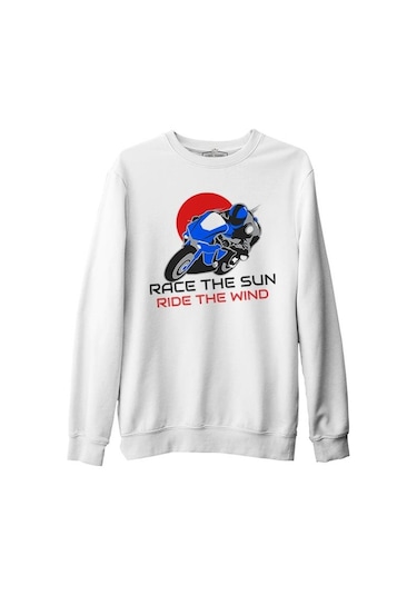 Motorcycle Race The Sun Beyaz Erkek Kalın Sweatshirt 001