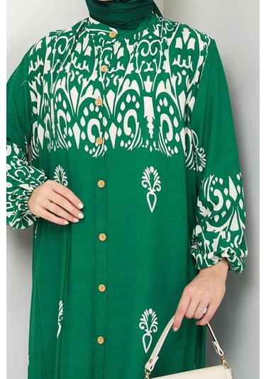 Çilay Düğmeli Dokuma Viskon Elbise 1561 - Yeşil Yeşil